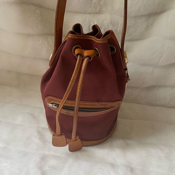 Vintage Dooney&Bourke.Burgundy canvas with brown leather drawstring buck… - Picture 5 of 16